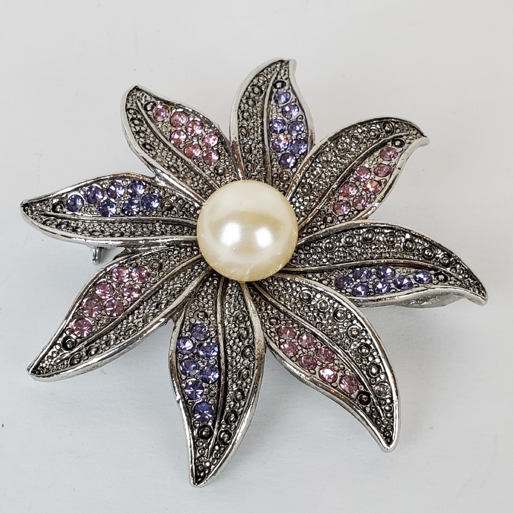 Premier Design Fantasia Pink Purple Rhinestone Faux Pearl Flower Brooch Pendant